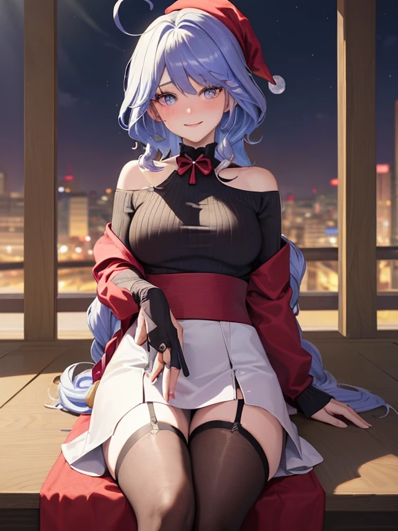 ((masutepiece, Best Quality, hight resolution, nw, Perfect Pixel, 4K)), 2girls, full body seen, ((Beautiful eyelashes, Realistic eyes)), ((Detailed face, Blushing:1.2)), ((Smooth texture:0.75, Realistic texture:0.65, Photorealistic:1.1, Anime CG style)), Dynamic Angle, Perfect body, ((Santa Claus Costume, Red knitted hat, red and white off shoulder sweater, red and white flared skirt, Black garter stockings, Shy smile)) BREAK raidenshogundef BREAK furina, heterochromia
