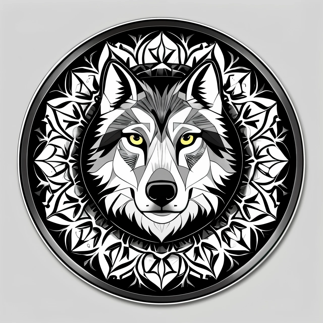 a close up of a circular design with a lobo's face, lobo head, alpha lobo head, lobo, geometric lobo, lobo pedant, Wolp, Symmetrical sticker design, portrait of a lobo head, lobo portrait, fantasy lobo portrait, white lobo, great lobo, highly detailed and hypnotic, hyper detailed lobo - like face, a white lobo