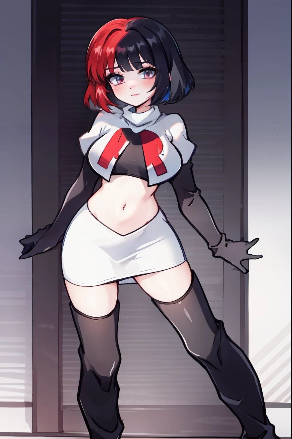muff, red hair, black hair, multicolored hair, short hair, team rocket,team rocket uniform,white skirt,red letter R,crop top,black thigh-high boots,black elbow gloves,
