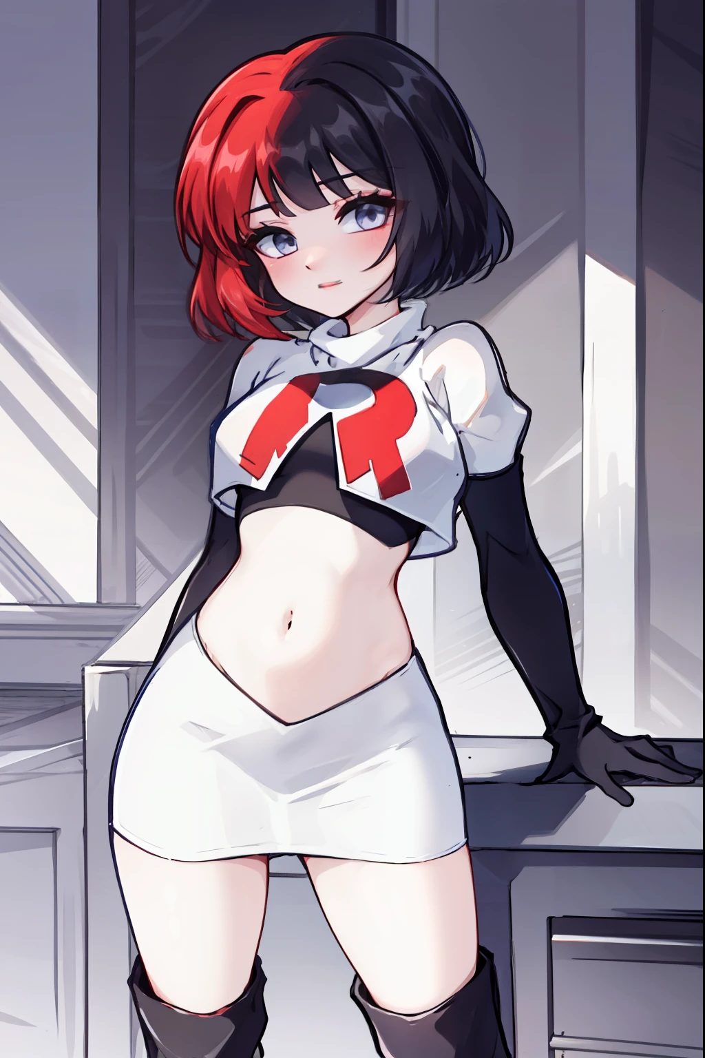 muff, red hair, black hair, multicolored hair, short hair, team rocket,team rocket uniform,white skirt,red letter R,crop top,black thigh-high boots,black elbow gloves,