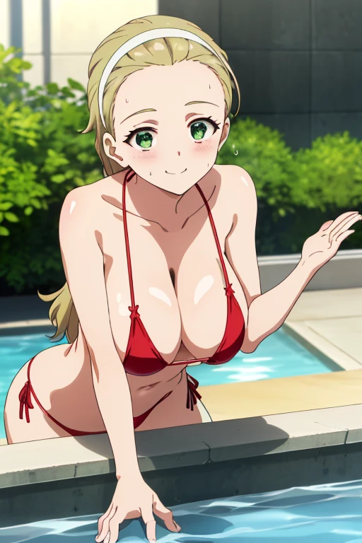 (​masterpiece, top-quality, detaile, hight resolution, extremely delicate and beautiful, anime screen cap, anime colours), akebi sasaki, hairband, 1girl, dark green eyes, smile, blush, (red Micro Bikini:1.3), (huge drooping breasts:1.5), (Leaning forward:1.8, front view:1.5), (cleavage:1.5, down hands, Upper body:1.7, breast focus:1.5), (Beauty details of breasts and eyes, Shiny skin), in poolside, Sweat