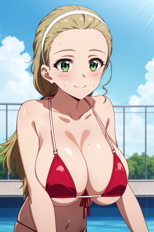 (masterpiece, top-quality, detaile, hight resolution, extremely delicate and beautiful, anime screen cap, anime colours), akebi sasaki, hairband, 1girl, dark green eyes, smile, blush, (red Micro Bikini:1.3), (huge drooping breasts:1.5), (Leaning forward:1.8, front view:1.5), (cleavage:1.5, down hands, Upper body:1.7, breast focus:1.5), (Beauty details of breasts and eyes, Shiny skin), in poolside, Sweat