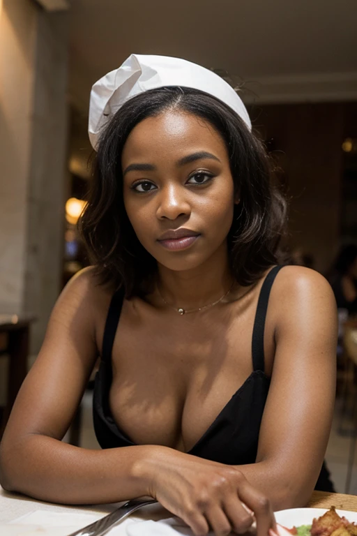 Creer moi une photo portrait réaliste d'une belle femme africaine congolaise au restaurant avec des amie