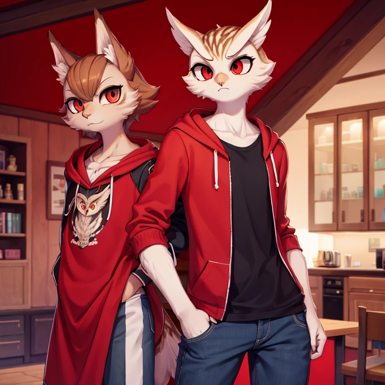 A really tall and skinny owl furry wearing casual clothing his eyes are bright red and he is a femboy