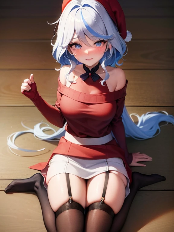 Genshin impact character kamisato ayaka blue eyes withe long hair diamond shaped pupils strong eye light reflexes, naked with red Christmas hat, on her knees with herect body arms up legs spread  on a sofa showing boobs pussy and feet face staring at camera happy smile cup of hot coffee on left hand, snowy  mood at window outside winter cabin with Christmas tree and cozy lights and cozy fireplace with fire on background camera at  far angle showing her at the center of image