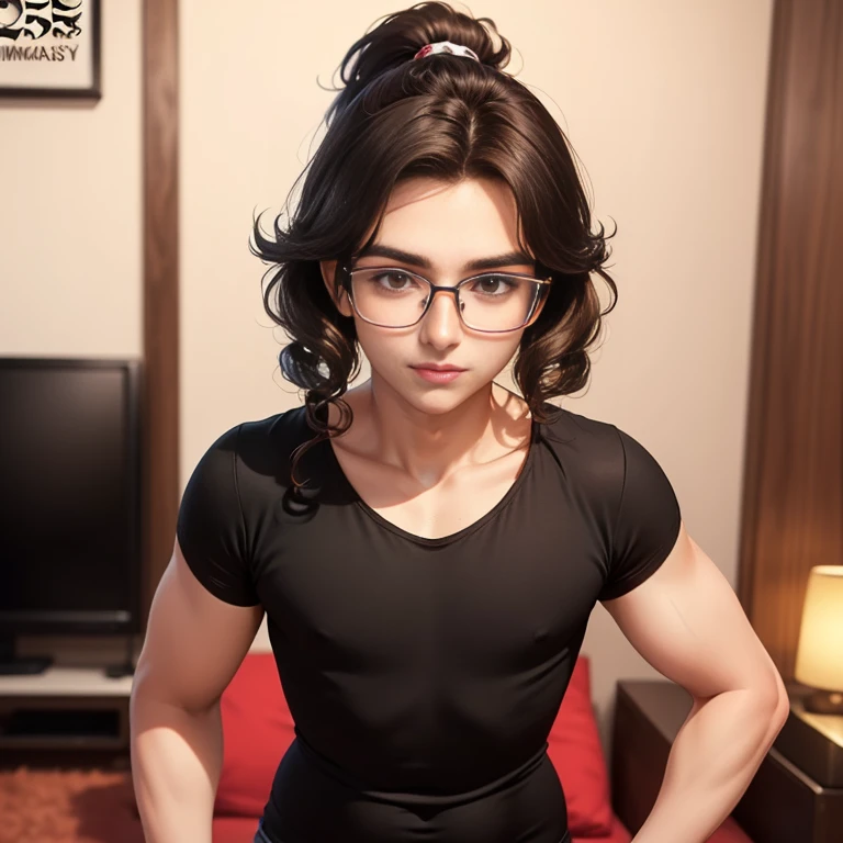 (Cute boy), long dark brown curly hair, ponytail haircut, wearing black tshirt and slim jean, living room, brown eyes, perfect, highly detailed, (flat chest:1.3), (25 years old:2), (small square glasses:1.1), (curvy body), hairless face, lifting arms toward viewer, loving face, slightly chubby body