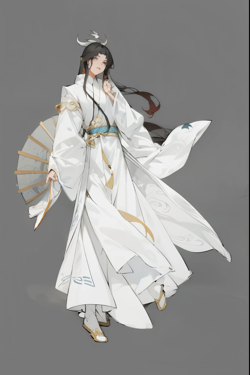 Anime characters dressed in white and gold,with fan and fan, A flowing white robe, flowing hair and long robes, white hanfu, full body xianxia, A flowing white robe, very long white cape, long white cape, full-body wuxia, wearing a long flowing robe, Wear long, flowing clothes,4K,Best quality at best,detailedfacialfeaturequisite facial features