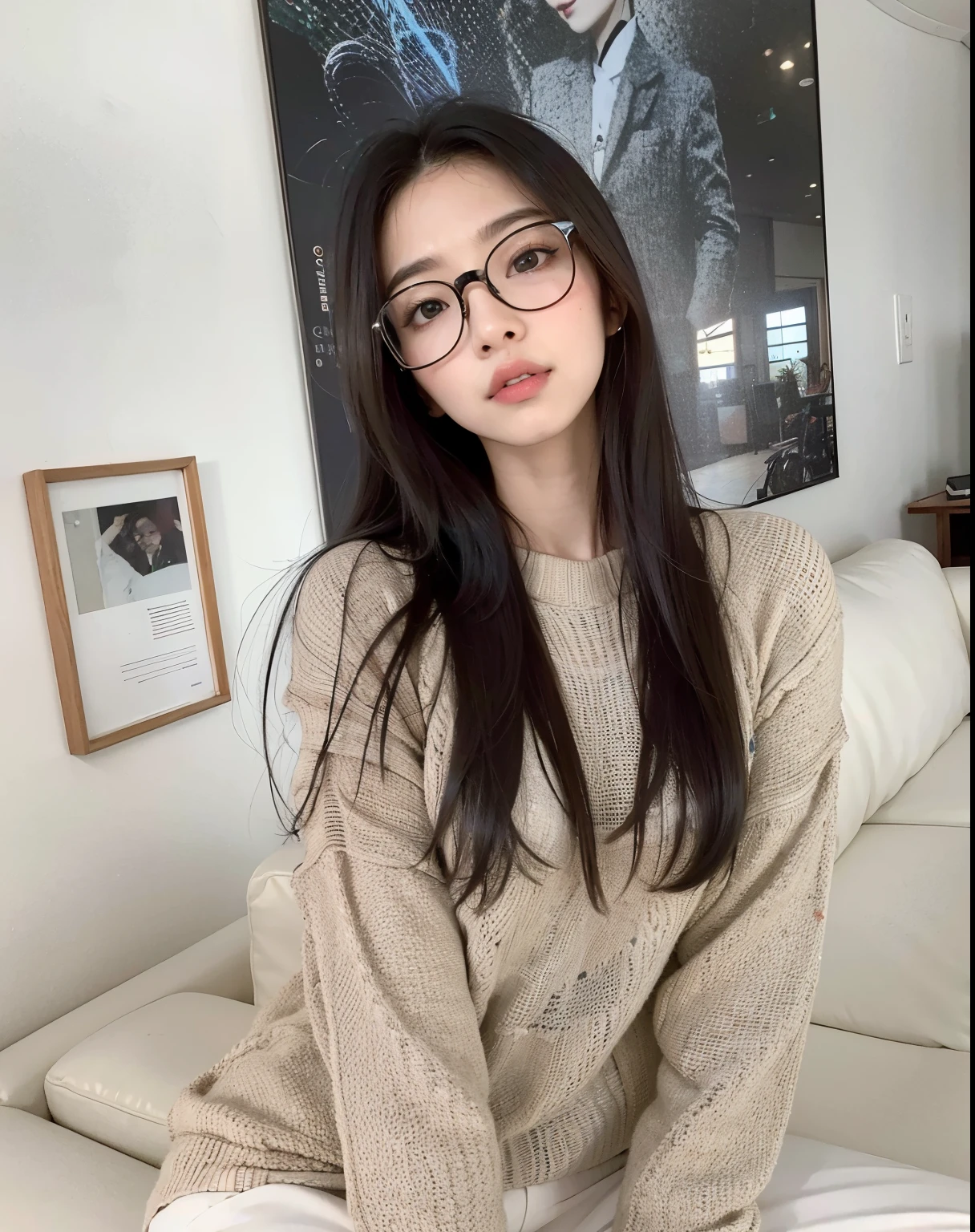 araffe woman wearing glasses sitting on a couch in a living room, with glasses, with square glasses, wearing thin large round glasses, spectacled, with glasses on, wavy long black hair and glasses, ulzzang, wenfei ye, 18 years old, gorgeous young korean woman, with black eyeglasses, girl with glasses, xintong chen