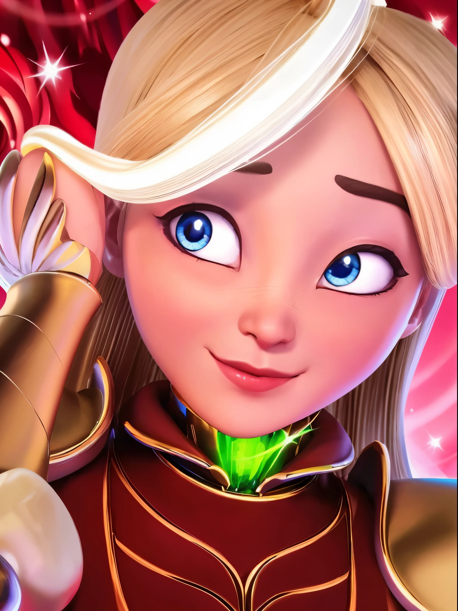 Um close up de uma personagem adolescente, garota loira de olhos azuis brilhantes, well-drawn lips, cabelo comprido e brilhoso, sobrancelhas bem feitas, large eyelashes, cores vivas e vibrantes, desenho animado em 3D com detalhes perfeitos, high quality ultra realistic poster, arte digital em 8K estilo Disney-Pixar.