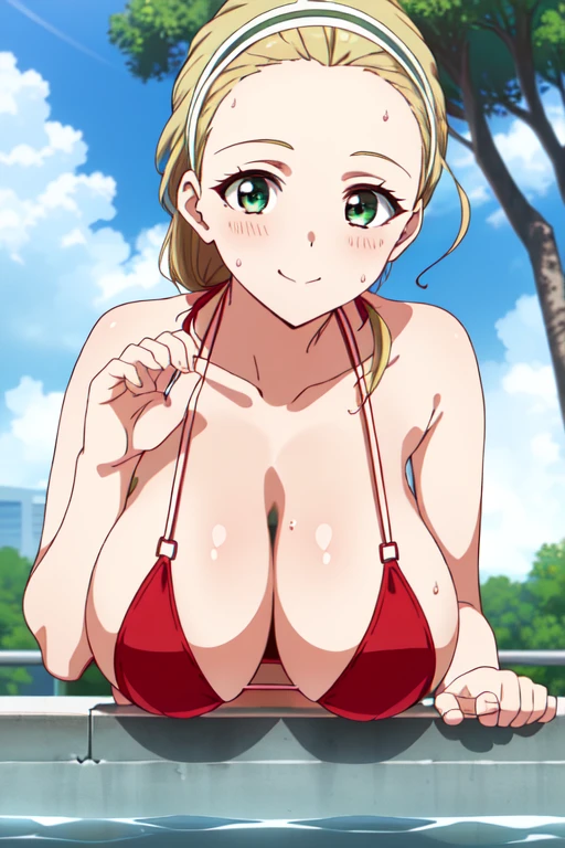 (​masterpiece, top-quality, detaile, hight resolution, extremely delicate and beautiful, anime screen cap, anime colours), akebi sasaki, hairband, long hair, 1girl, dark green eyes, smile, blush, (red Micro Bikini:1.3), (huge drooping breasts:1.5), (POV, Leaning forward:1.8, front view:1.5), (cleavage:1.5, down hands, Upper body:1.7, breast focus:1.5), (Beauty details of breasts and eyes, Shiny skin), in poolside, Sweat