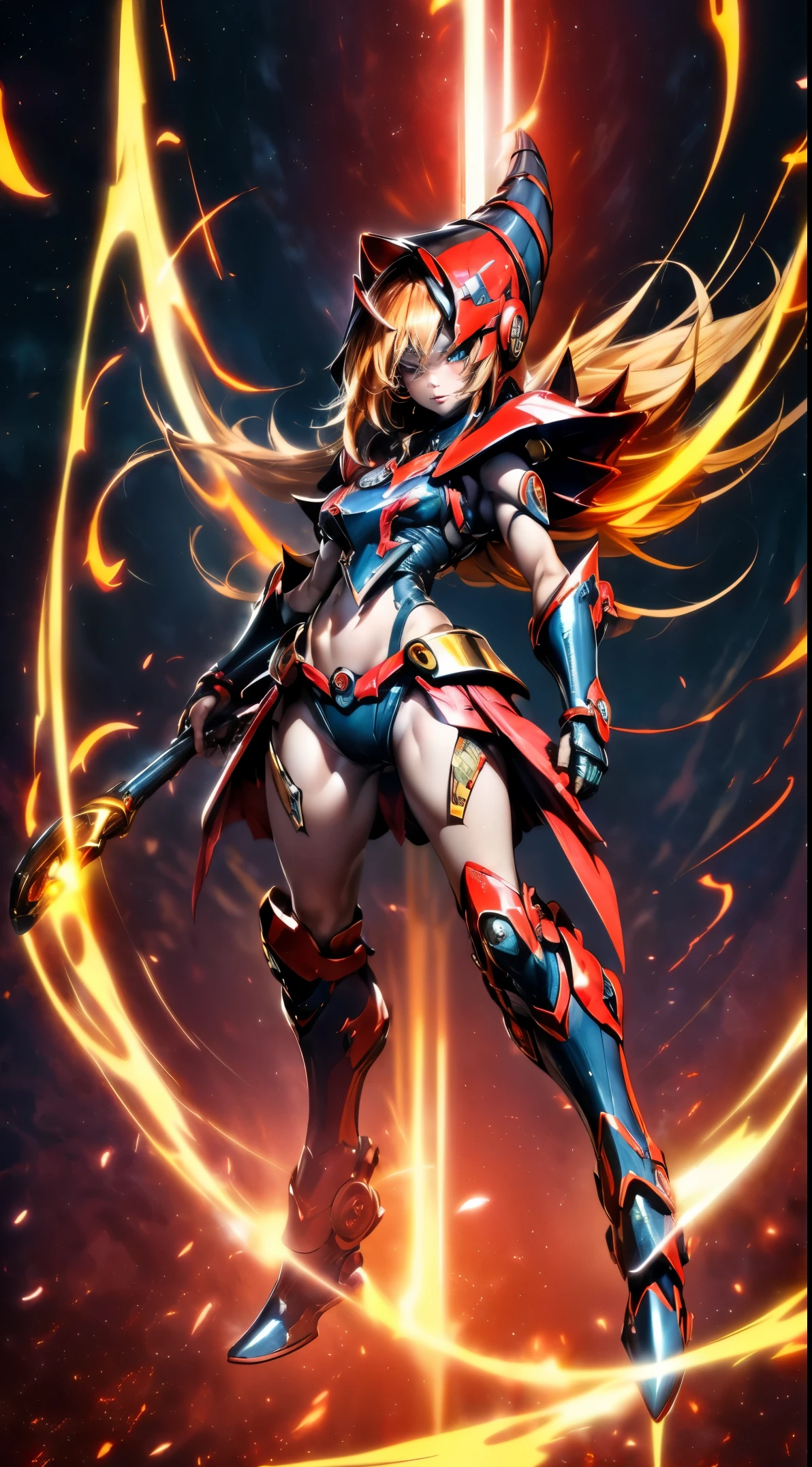 (Masutepiece,extremadamente detallado, Mechas pesadas, superficie dura),(Arte conceptual:1.1),(shielded core style:0.8), A woman in robo ninja armor is standing.,(cuerpo rojo:1.1),(patas largas:1.1),(Equipado con sable y cadena.:1.1),(Un ojo detallado:1.3),(Una cara detallada:1.3),(Armas detalladas:1.3),(Cuerpo detallado:1.3),((cuerpo completosbian:1.5)),(The background is a crimson flame.:1.5),realista
