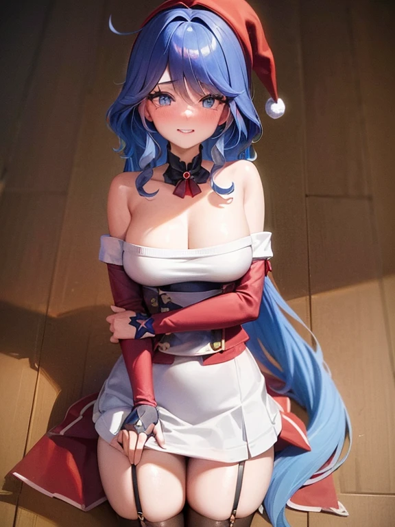 ((masutepiece, Best Quality, hight resolution, nw, Perfect Pixel, 4K)), multiple girls, 2girls, full body seen, ((Beautiful eyelashes, Realistic eyes)), ((Detailed face, Blushing:1.2)), ((Smooth texture:0.75, Realistic texture:0.65, Photorealistic:1.1, Anime CG style)), Dynamic Angle, Perfect body, ((Santa Claus Costume, Red knitted hat, red and white off shoulder sweater, red and white flared skirt, Black garter stockings, Shy smile)) BREAK raidenshogundef BREAK furina, heterochromia