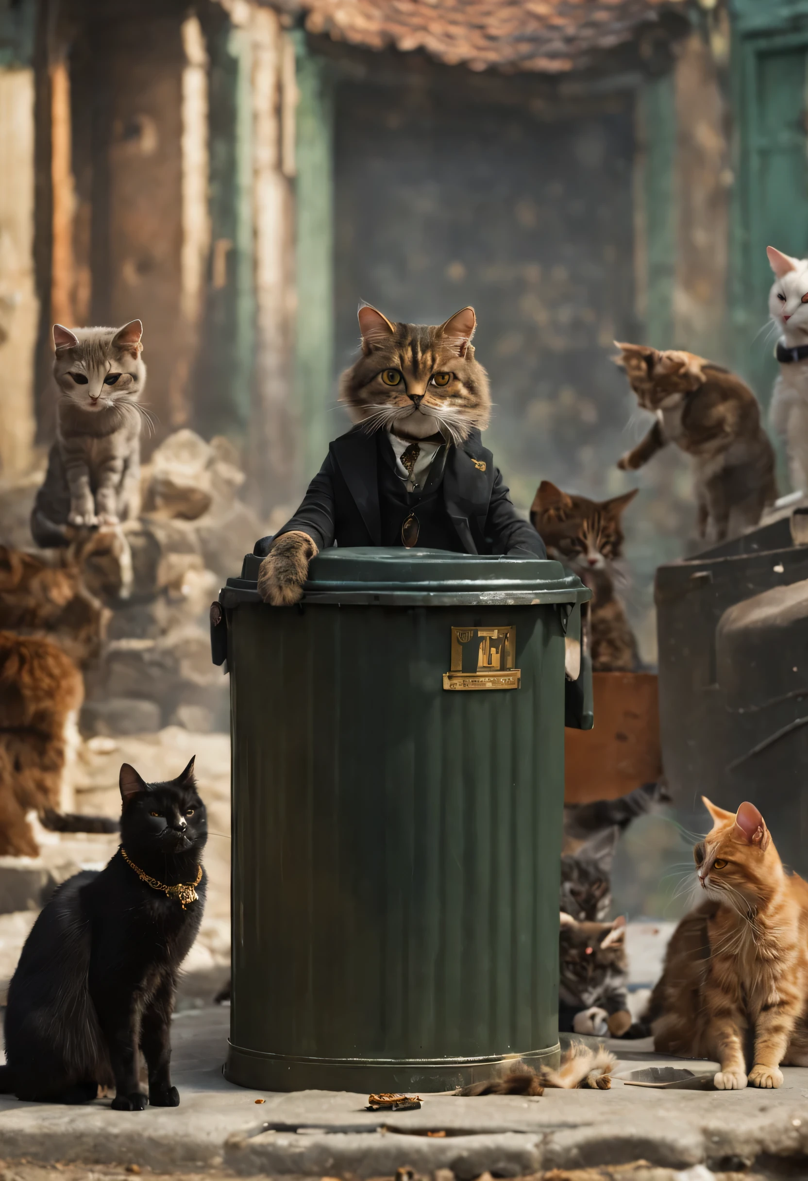 A group of cats are gathered around a trash can. A cat is on top of the trash can, fazer um discurso, the leader cat is dressed in a black jacket, the other cats are around you, looking at the cat's head. A cena parece ser uma montagem, entre os gatos, The trash can is located in an alley, no estilo Steampunk