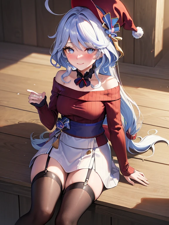 ((masutepiece, Best Quality, hight resolution, nw, Perfect Pixel, 4K)), (multiple girls:1.3), 2girls, full body seen, ((Beautiful eyelashes, Realistic eyes)), ((Detailed face, Blushing:1.2)), ((Smooth texture:0.75, Realistic texture:0.65, Photorealistic:1.1, Anime CG style)), Dynamic Angle, Perfect body, ((Santa Claus Costume, Red knitted hat, red and white off shoulder sweater, red and white flared skirt, Black garter stockings, Shy smile)) BREAK raidenshogundef BREAK furina, heterochromia