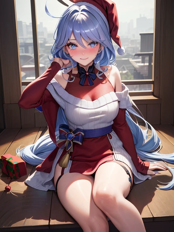((masutepiece, Best Quality, hight resolution, nw, Perfect Pixel, 4K)), (multiple girls:1.3), 2girls, full body seen, ((Beautiful eyelashes, Realistic eyes)), ((Detailed face, Blushing:1.2)), ((Smooth texture:0.75, Realistic texture:0.65, Photorealistic:1.1, Anime CG style)), Dynamic Angle, Perfect body, ((Santa Claus Costume, Red knitted hat, red and white off shoulder sweater, red and white flared skirt, Black garter stockings, Shy smile)) BREAK raidenshogundef BREAK furina, heterochromia