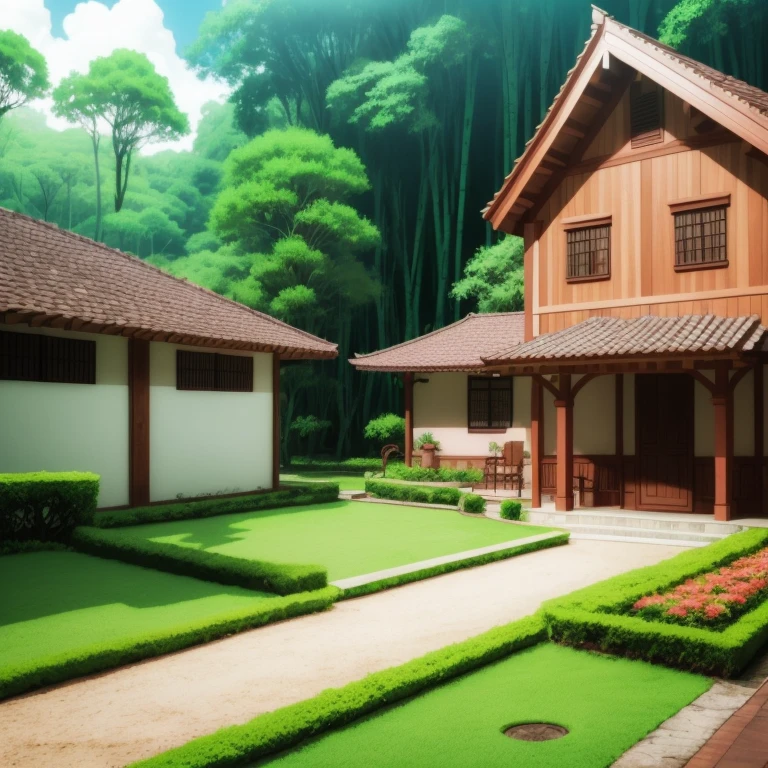 Floresta encantada com muito verde, casas futuristas, magical gardens, pedras preciosas, ouro, ciborgues, hiper realista, super realista, HD.
