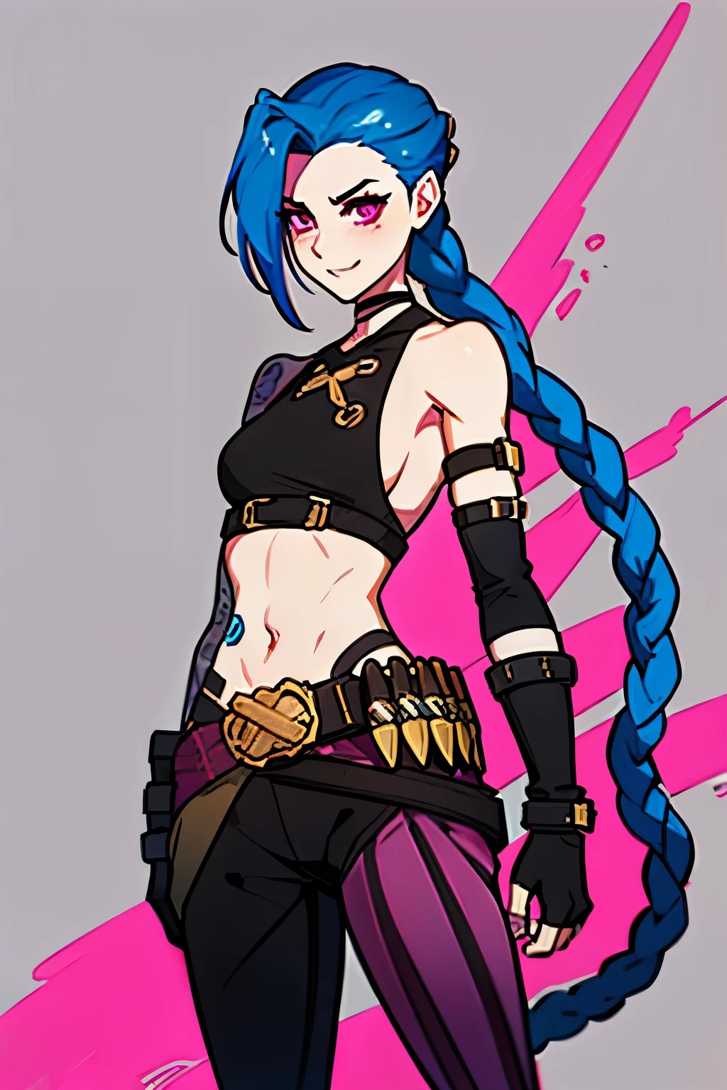 (jinx_league_of_legends), 1girl, solo, long hair, looking at viewer, blush, smile, gloves, navel, holding, bare shoulders, very long hair, blue hair, weapon, braid, small breasts, teeth, choker, striped, belt, pants, hand up, fingerless gloves, pink eyes, grey background, stomach, holding weapon, character name, twin braids, crop top, gun, sideboob, tattoo, holding gun, handgun, asymmetrical bangs, arm tattoo, shoulder tattoo, bullet, stomach tattoo, striped pants