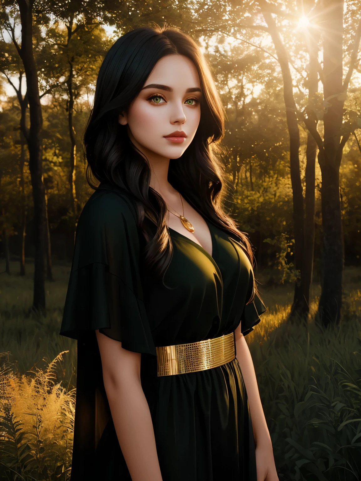 portrait young beautiful woman, dark hair, green eyes, soft light, golden hour, beautiful background, nature