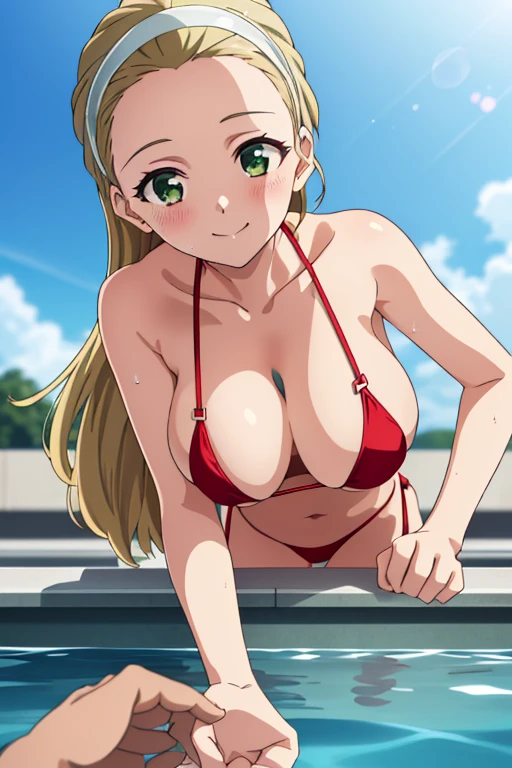 (masterpiece, top-quality, detaile, hight resolution, extremely delicate and beautiful, anime screen cap, anime colours, 8k, photorealistic), akebi sasaki, hairband, long hair, 1girl, dark green eyes, smile, blush, (red Micro Bikini:1.3), (huge drooping breasts:1.5), (POV, Leaning forward:1.8, front view:1.5), (cleavage:1.5, down hands, Upper body:1.7, breast focus:1.5), (Beauty details of breasts and eyes, Shiny skin), in poolside, Sweat