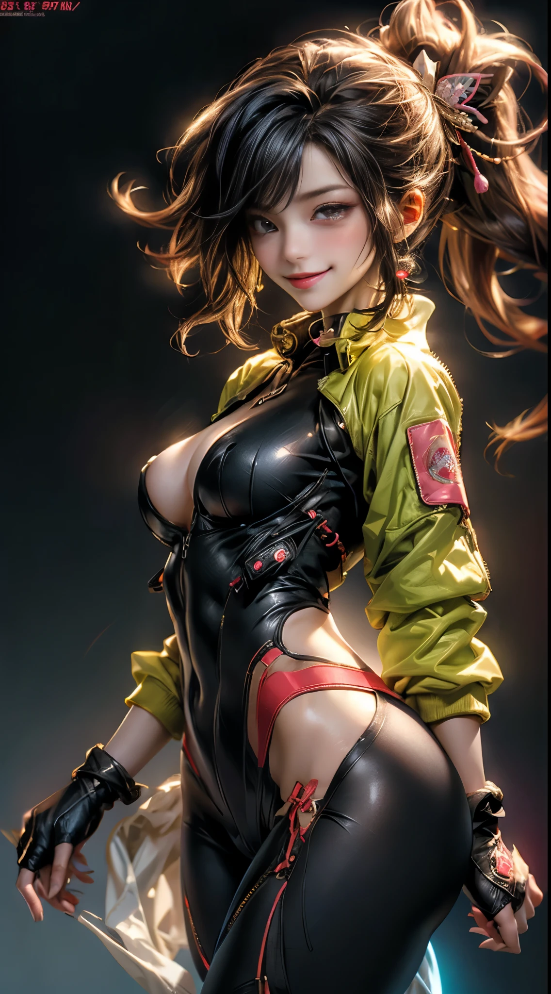 8K, Best Quality, Masterpiece, Ultra High Resolution, 1 smiling Cyberpunk Girl wearing Harajuku tech jacket with corporate logos, sexy skintight body suit, insane details, full body shot, Beautiful Eyes and Face Details, Masterpiece, Best Quality, Master Work, Excellent Details, High Quality Painting Details, Breath-Breathing, Absolute Beauty, Slender Neck, Long Eyelashes, Sweet Eyes, Dynamic Angle Problem Extreme Picture Quality, Charming Smile, Glossy Lips, Supple Fair and Translucent Skin, Rich Details, Bright Colors, Strong Contrast, Soft Light Effects, Clear Outline, Streamlined, Charming smile, sparkling eyes, perfect body proportions, slender waist, large breasts, cleavage.