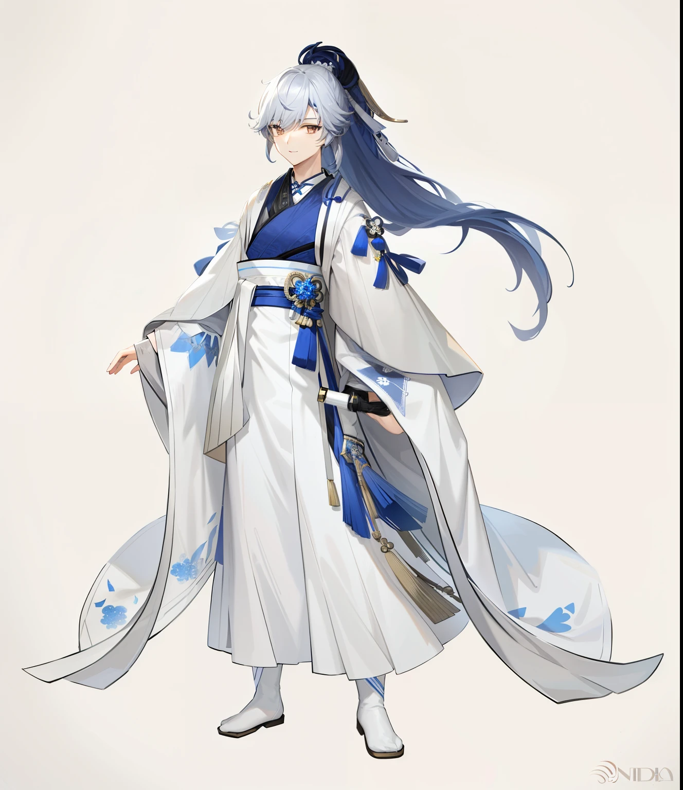 The man in the image of De wears a gray and white dere body.，Moon-themed costumes，Wear it for a long time, Fluent in body martial arts，Kurose Jinharu，palaces，A boy in Hanfu，Flowing magic robelowing hair and long robes，Onmyoji detail art，wearing a long flowing robe