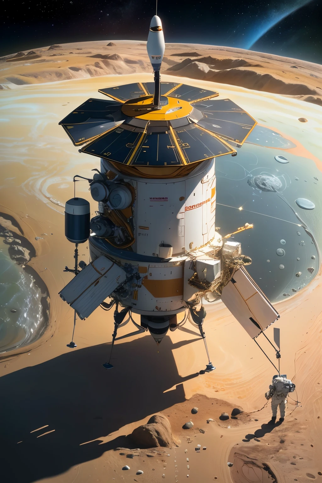 Imagine a scene where astronauts in space suits are standing on the surface of Europa, one of Jupiter's moons. They are holding a simple glass bottle with a message inside. In the background, the spacecraft (Europa Clipper) is visible, ready for exploration. Earth might be seen in the distance, symbolizing the connection between humanity and the exploration of distant moons.