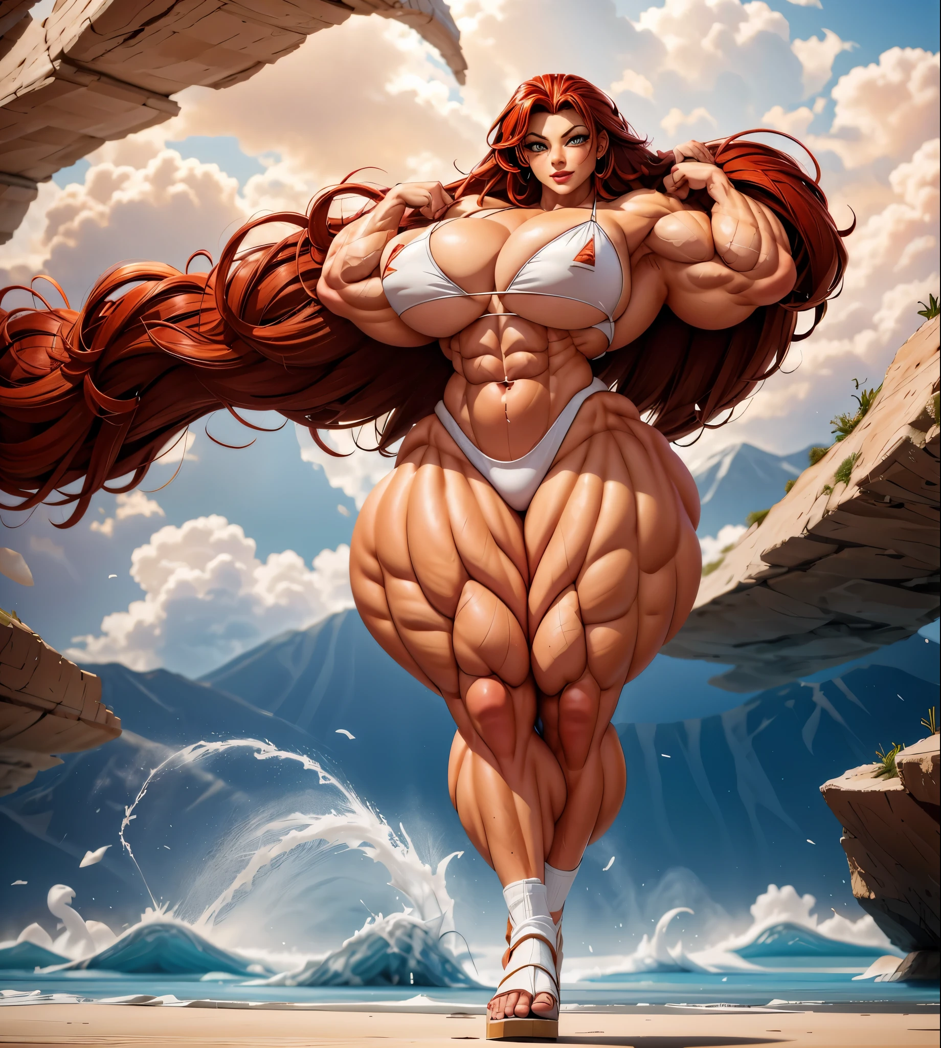 a woman with long flowing red hair, muscular!!, muscular!, commission for high res, (sfw) safe for work, most strongest pose, muscular girl, muscular character, muscular!!!, bursting with muscles, oc commission, strong and imposing, thicc, muscle, large muscles, big muscle, strong arms, perfectly detailed hands, detailed face, detailed lips, detailed nose, detailed eyes, hard nipples