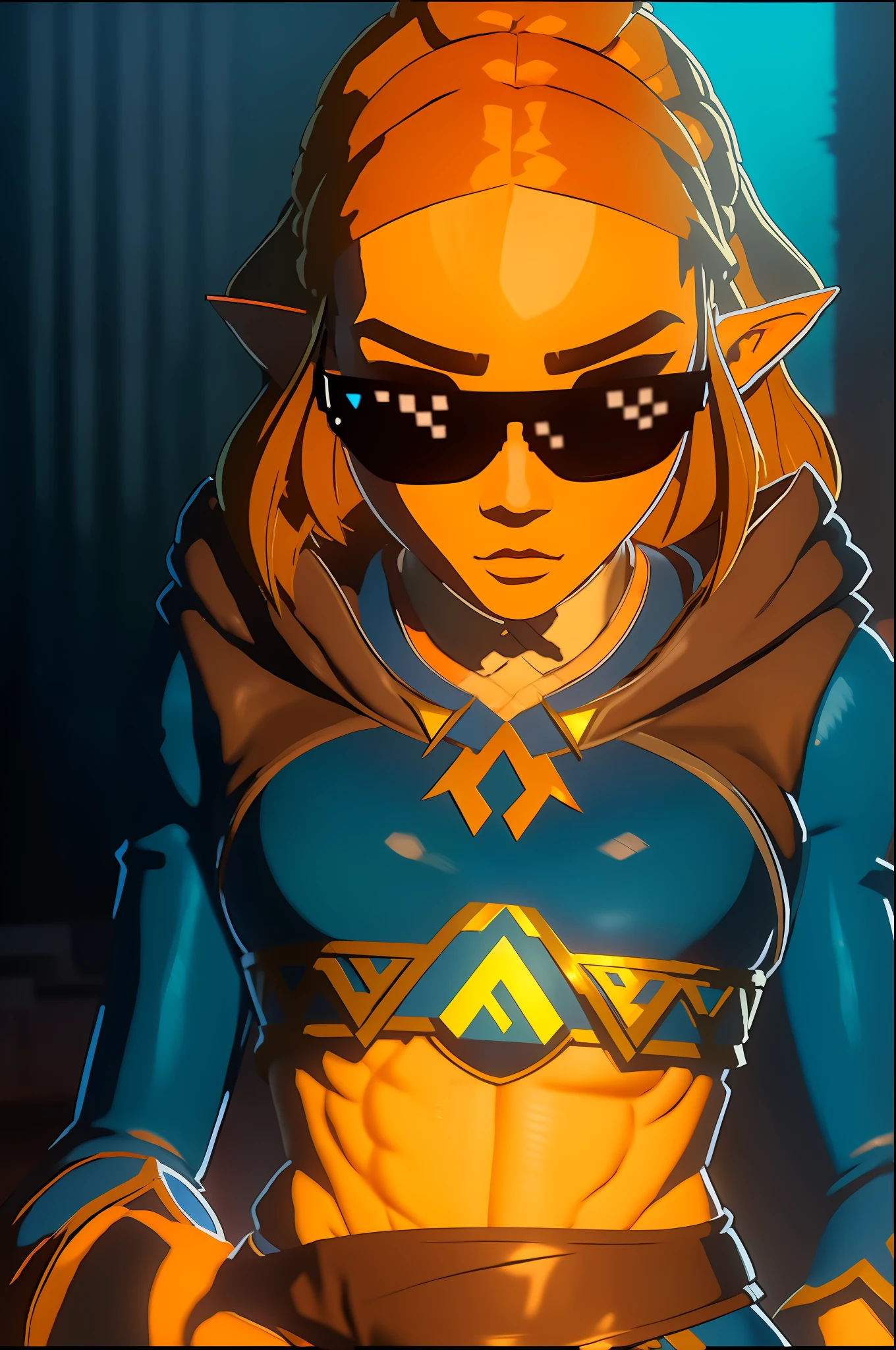 "A rap music video solo hip hop gangtsa shot featuring  zelda with a mean stern expression in teh studio on a studio mic rapping showcasing her skill as a rapper.. rapping on studio mic badass on the mic spitting sick ass bars yo !" DealWithIt sunglasses