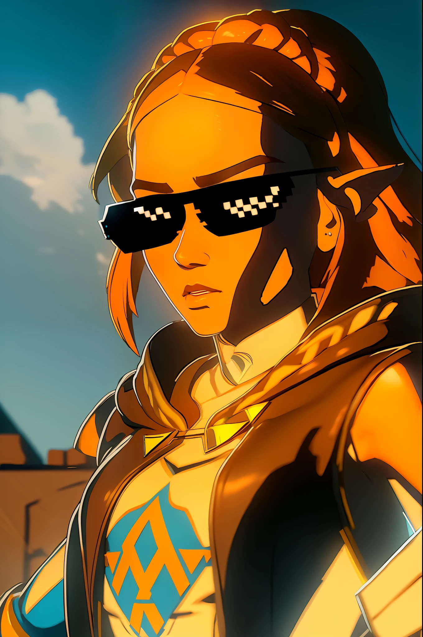 "A rap music video solo hip hop gangtsa shot featuring  zelda with a mean stern expression in teh studio on a studio mic rapping showcasing her skill as a rapper.. rapping on studio mic badass on the mic spitting sick ass bars yo !" DealWithIt sunglasses