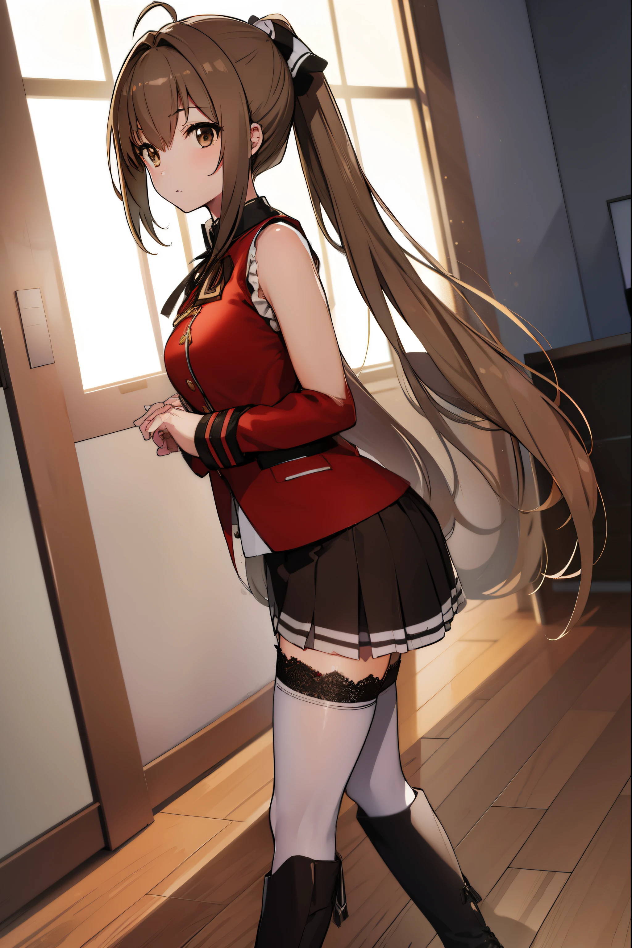 isuzusento, isuzu sento, ahoge, (brown eyes:1.7), light brown hair, long hair, ponytail, hair ribbon, ribbon, (medium breast:1.2),
BREAK aiguillette, ankle boots, black ribbon, black skirt, boots, brown footwear, cross-laced footwear, frilled skirt, frills, jacket, lace-up boots, military, military uniform, pleated skirt, (red jacket:1.5), skirt, thighhighs, uniform, white thighhighs, white ribbon, buttons, (sleeveless:1.5),
BREAK looking at viewer,
BREAK indoors, classroom,
BREAK (masterpiece:1.2), best quality, high resolution, unity 8k wallpaper, (illustration:0.8), (beautiful detailed eyes:1.6), extremely detailed face, perfect lighting, extremely detailed CG, (perfect hands, perfect anatomy),