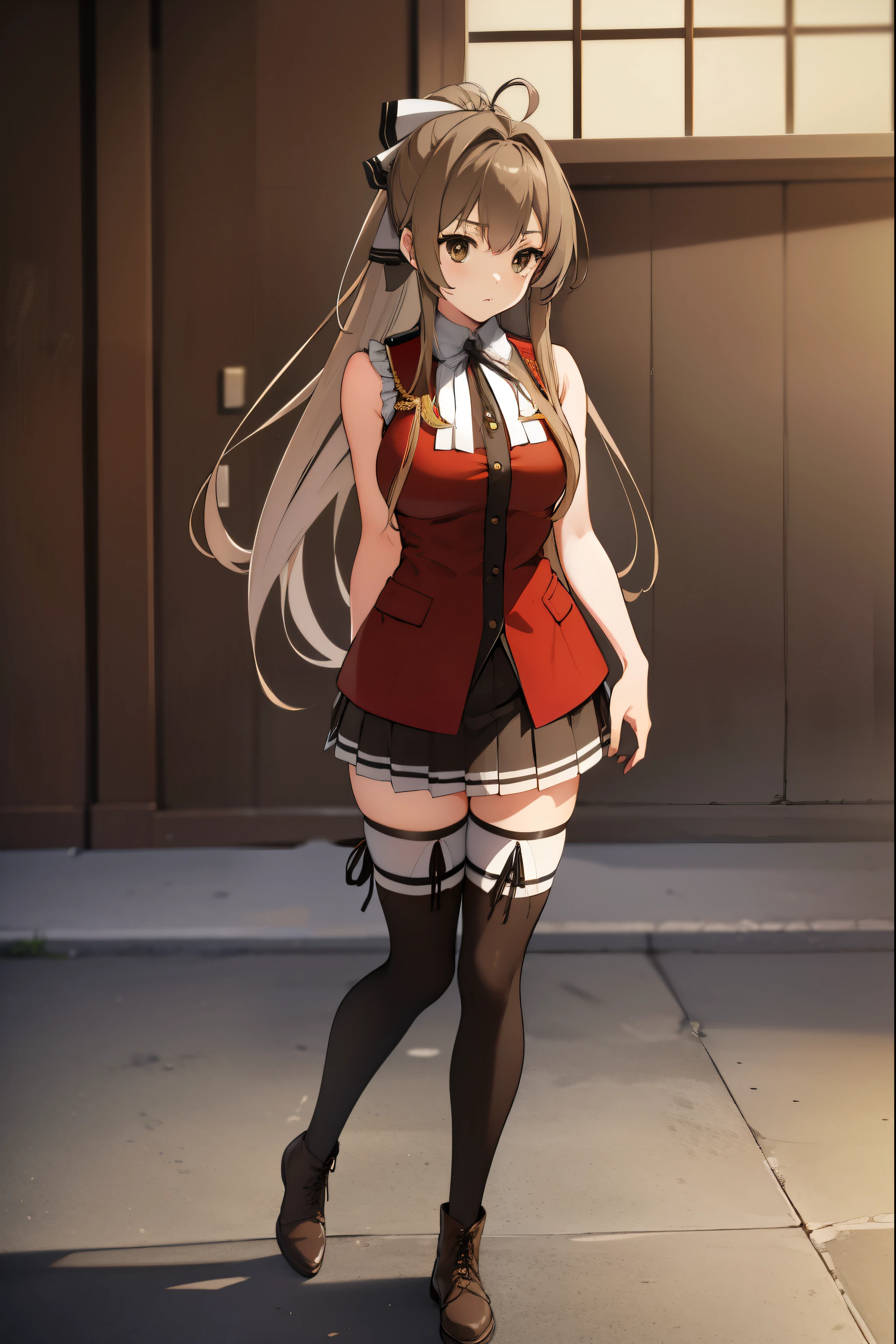 isuzusento, isuzu sento, ahoge, (brown eyes:1.7), light brown hair, long hair, ponytail, hair ribbon, ribbon, (medium breast:1.2),
BREAK aiguillette, ankle boots, black ribbon, black skirt, boots, brown footwear, cross-laced footwear, frilled skirt, frills, jacket, lace-up boots, military, military uniform, pleated skirt, (red jacket:1.5), skirt, thighhighs, uniform, white thighhighs, white ribbon, buttons, (sleeveless:1.5),
BREAK looking at viewer,
BREAK indoors, classroom,
BREAK (masterpiece:1.2), best quality, high resolution, unity 8k wallpaper, (illustration:0.8), (beautiful detailed eyes:1.6), extremely detailed face, perfect lighting, extremely detailed CG, (perfect hands, perfect anatomy),