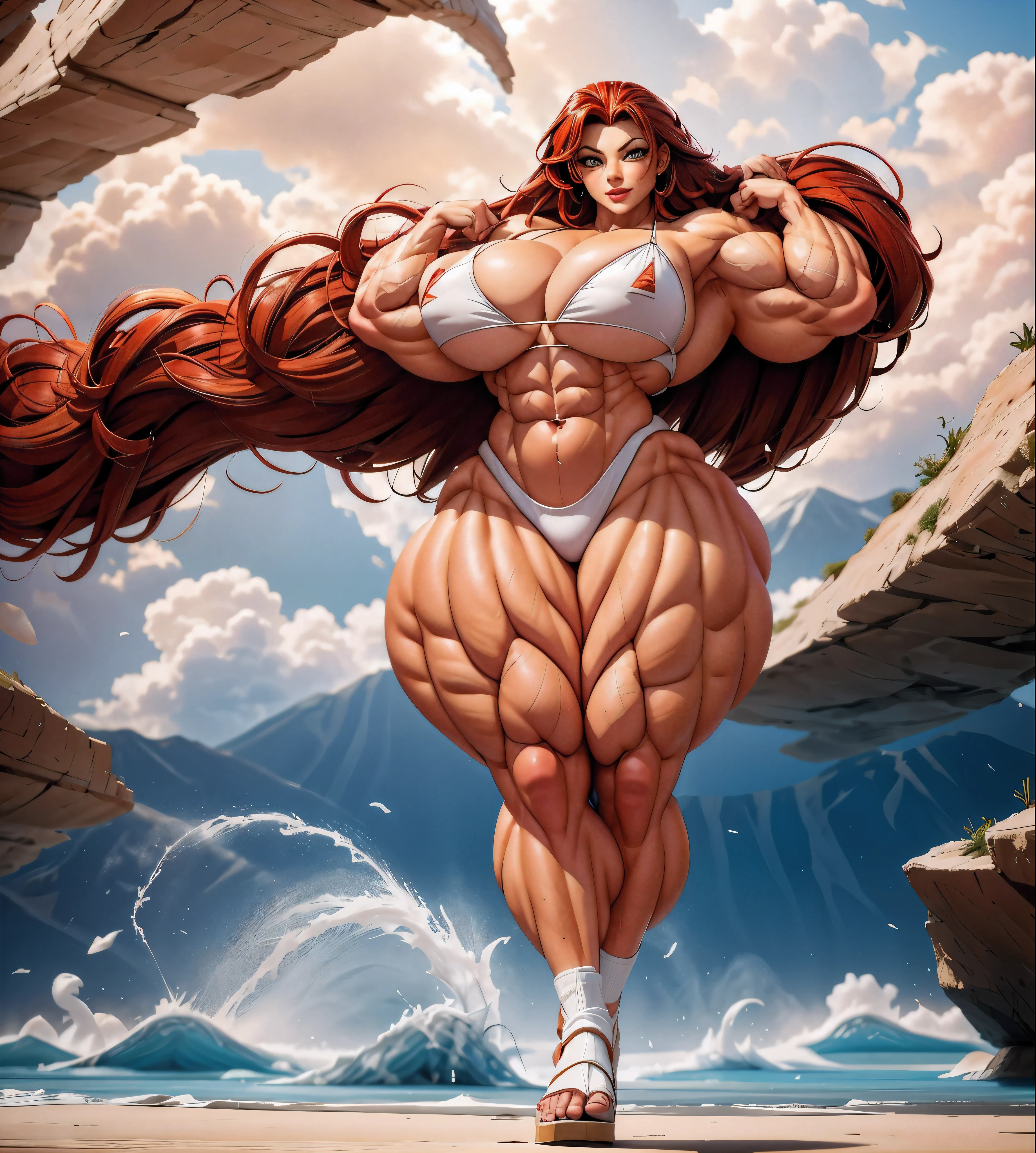 a woman with long flowing red hair, muscular!!, muscular!, commission for high res, (sfw) safe for work, most strongest pose, muscular girl, muscular character, muscular!!!, bursting with muscles, oc commission, strong and imposing, thicc, muscle, large muscles, big muscle, strong arms, perfectly detailed hands, detailed face, detailed lips, detailed nose, detailed eyes, hard nipples