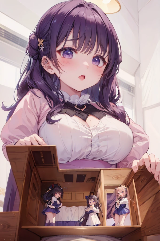 giant toys, big bedroom, (bedroom from above), (miniature bedroom: 1.4), simple background, (3girls:1.7), (height_difference:1.2), (size_difference:1.5), (giantess:1.5), (closeup breasts and face), (foreshortening: 1.3), (adult woman: 1.4), (from sky view: 1.4), (crowds of people: 1.5), (minigirl), (foreshortening:1.1), professionally drawn, (huge breasts), (cleavage sweat), (anime drawing:1.1), (simple bold lines: 1.1), (anime:1.1), (very cute anime girl), (bright), (low contrast), (prettiest teenage girl), (mature face: 1.4), (tall girl with big breasts: 1.2), (minigirls)