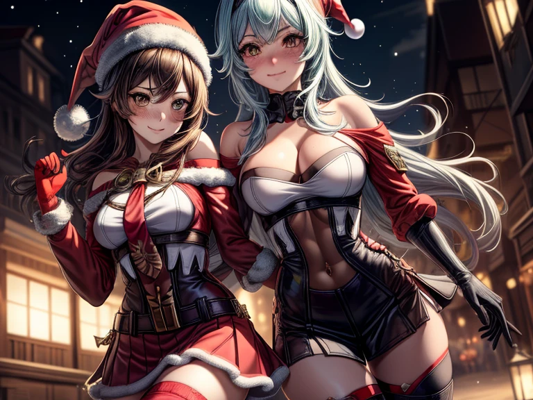 ((masutepiece, Best Quality, hight resolution, Perfect Pixel, 4K)), multiple girls, 2girls, full body seen, ((Beautiful eyelashes, Realistic eyes)), ((Detailed face, Blushing:1.2)), ((Smooth texture:0.75, Realistic texture:0.65, Photorealistic:1.1, Anime CG style)), Dynamic Angle, Perfect body, ((Santa Claus Costume, Red knitted hat, red and white off shoulder sweater, red and white flared skirt, Black garter stockings, Shy smile)) BREAK euladef, short hair, BREAK amber5star,