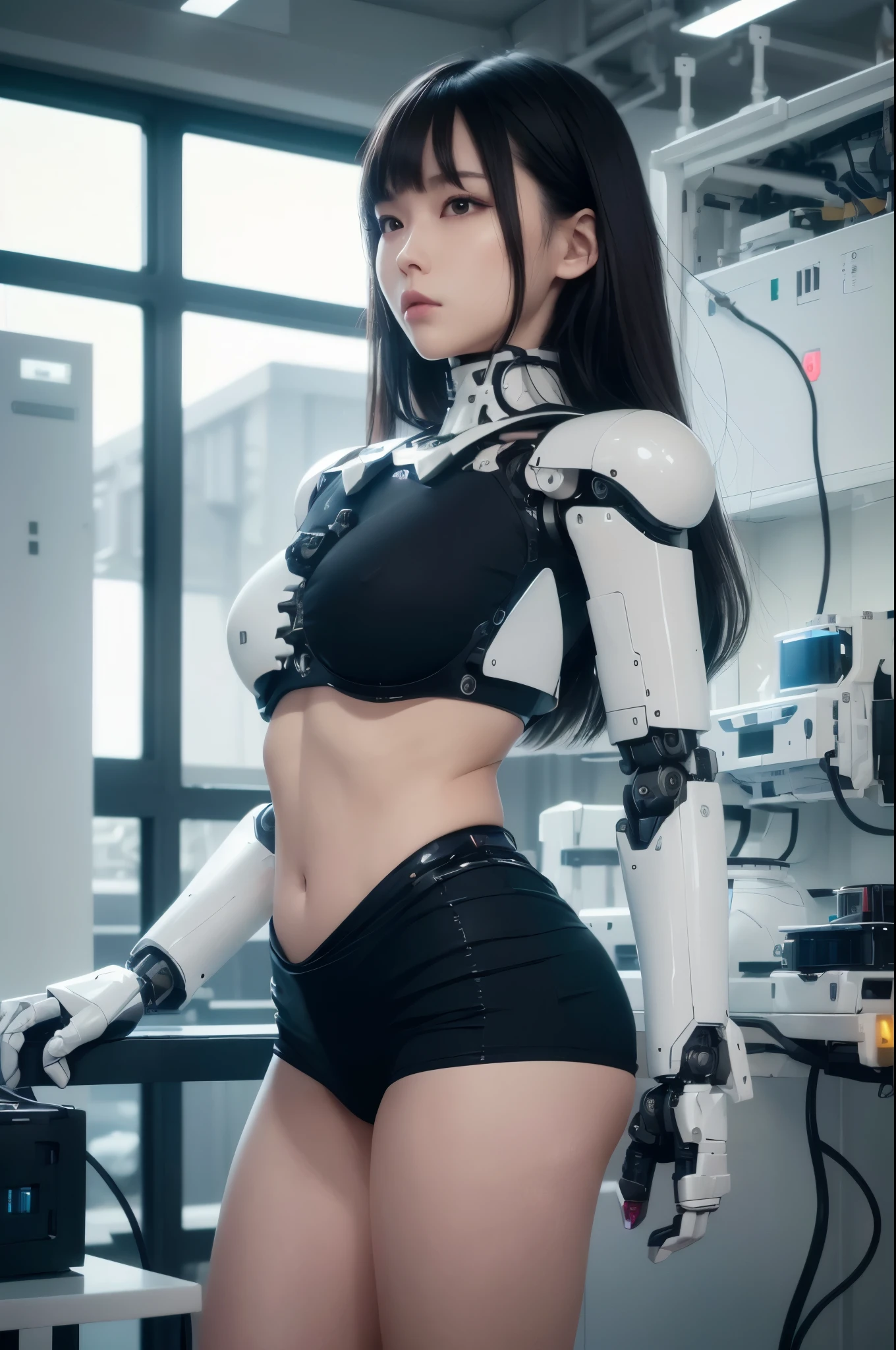 masterpiece, best quality, extremely detailed, (8K, 4K, Best Quality, hight resolution, 超A high resolution:1.1), (masutepiece, Realistic, Photorealsitic:1.1),8k portrait, Japaese android Girl,Plump , announcer,control panels,android,Droid,Mechanical Hand, Robot arms and legs, Black Robot Parts,Black hair,Mechanical body,Blunt bangs,perfect mechanical abdomen,White robotics parts,perfect robot woman,future laboratory,cyber pank,charging spot,laboratory,long tube,thick cable connected her neck,ceramic body ,perfect mechanical body, white robot body,lod antenna,mechanical ear cover,android,robot humanoid,black sponge joints,The removable cover is in the groin,The connection port is in the groin,opened chest panel,access panel on the chest,opened breast panel,perfect mechanical breast,white machine body,white robot body,white ceramic breast,perfect plastic breast,She has repaired,assembly plant,miniskirt,black knee high boots