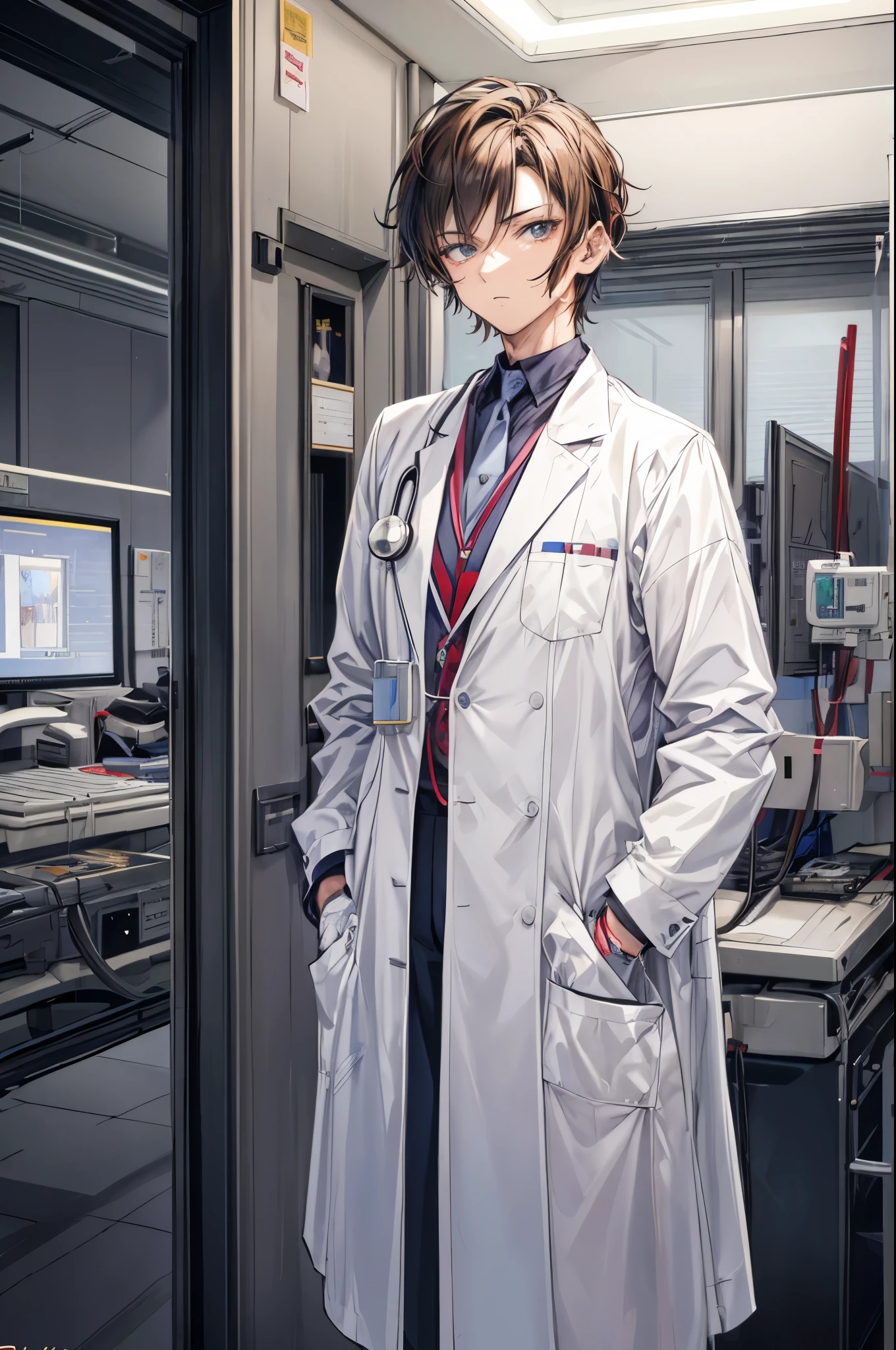 (flat color:1.1),(masterpiece:1.2), best quality, masterpiece, original,medium length boyish manly spiky brown hair, (mature handsome man looking at the camera at a hospital:1.2), wearing a scientist uniform