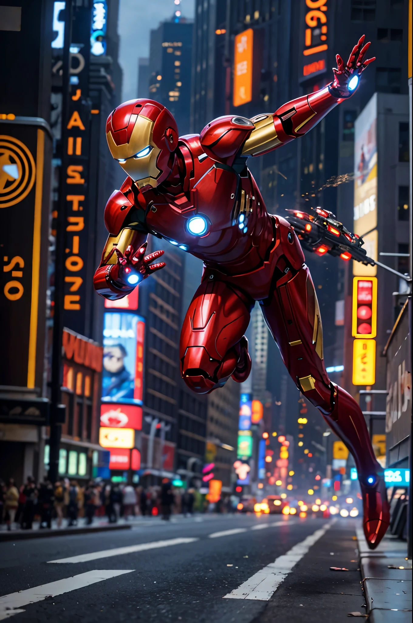 Iron Man running through New York City at high speed