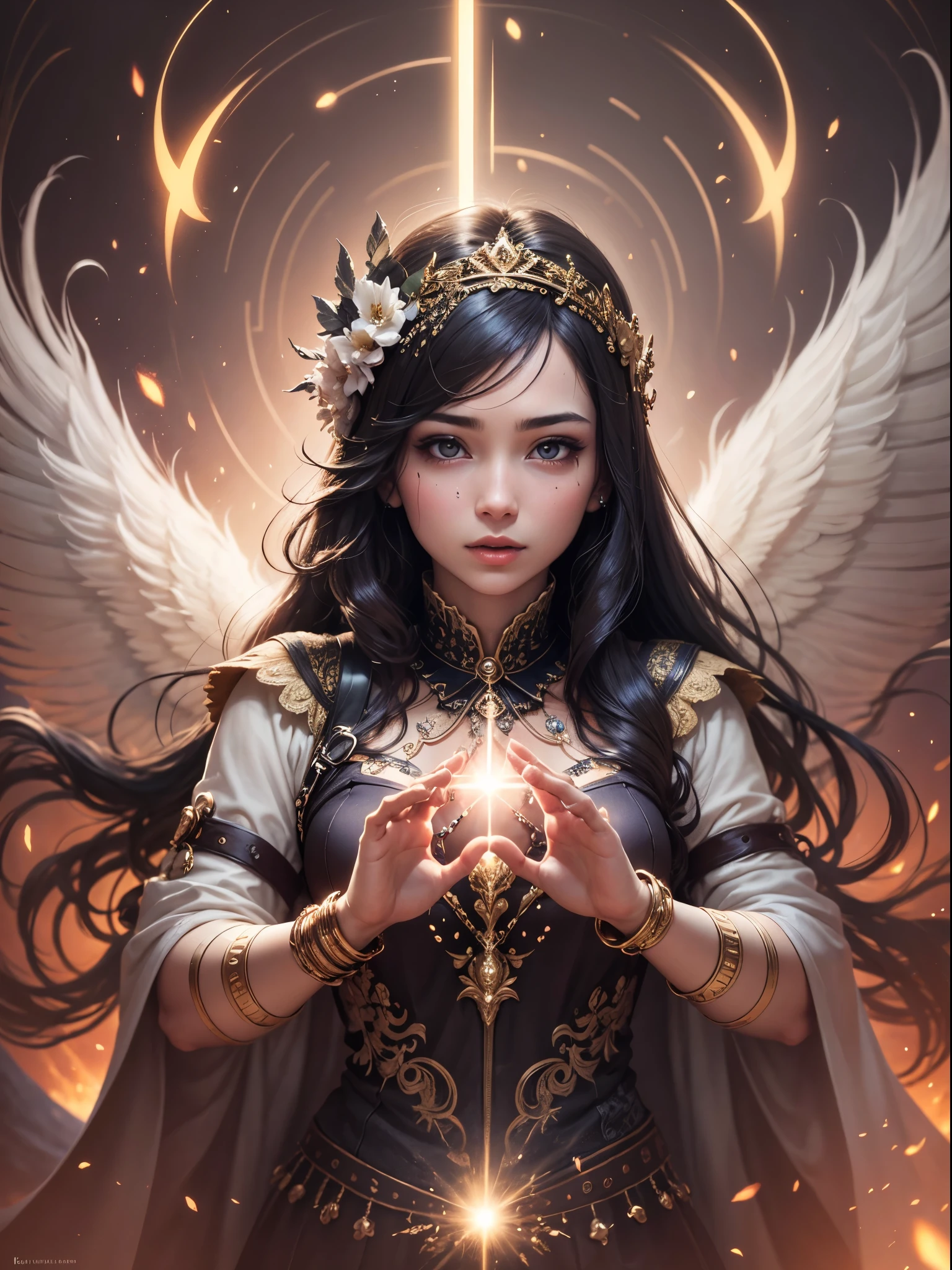 Emilia Clarke. Amazing illustration of the dragon behind the beautiful girl, dark magician gils, cabello rubio y largo, ojos verdes, labios rojos, Hermoso kimono negro con rosado, Masutepiece, A golden dragon surrounded by gold dust, viento, DIOS, Cuerpo largo y ondulado, Colmillos, fantasy, mito, alta calidad, Altamente detallado, Masutepiece, epopeya, Particle effect, dynamic effects, Los ojos son cristales, Buena suerte, fondo dorado, Wealth is on the rise, oro, una cabeza, realista, Dragon God, El fondo es dorado, 7 colores de brillo, grandes,