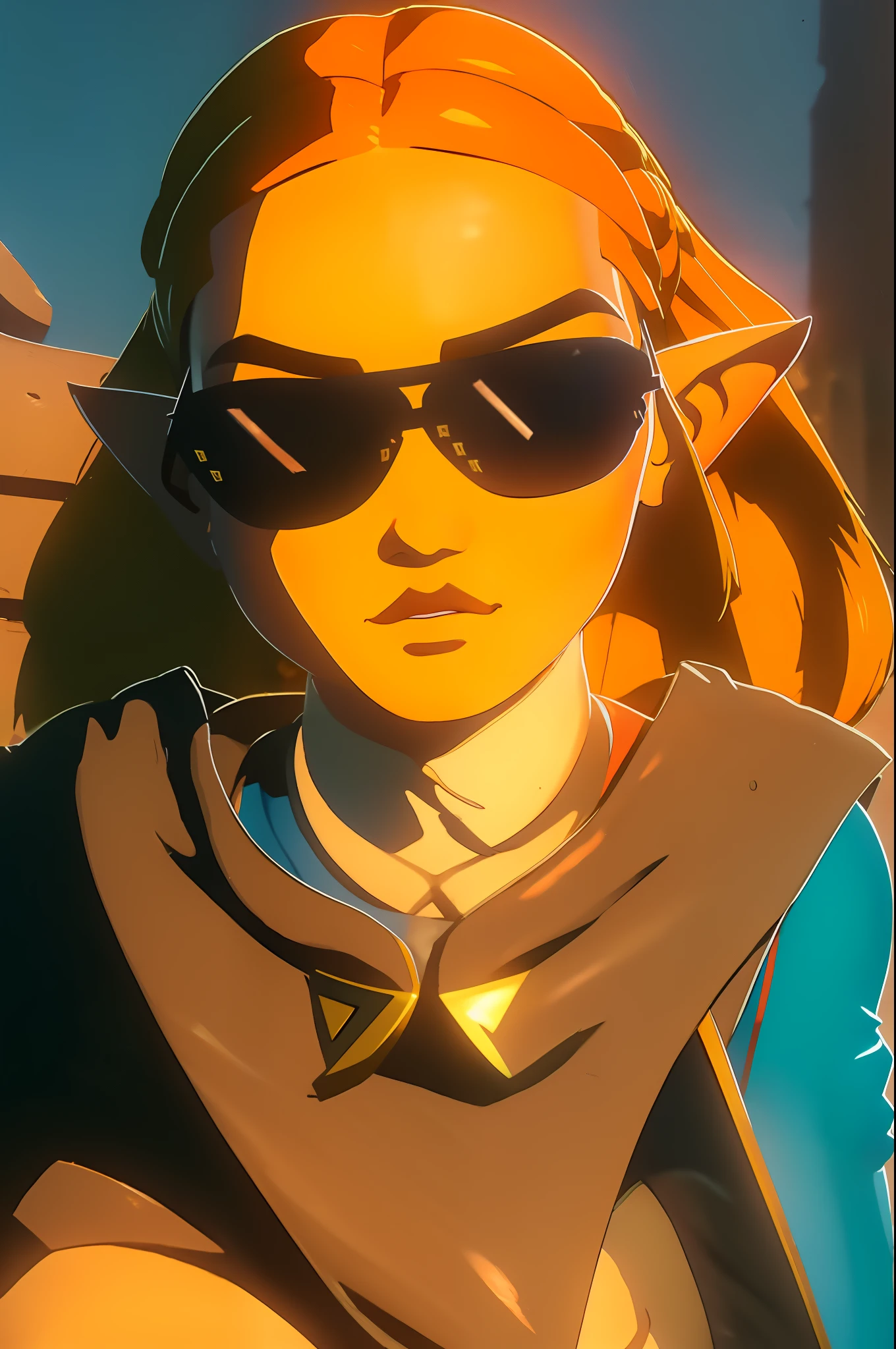 "A rap music video solo hip hop gangtsa shot featuring  zelda with a mean stern expression recline in a badass brash smug smirk !" DealWithIt sunglasses