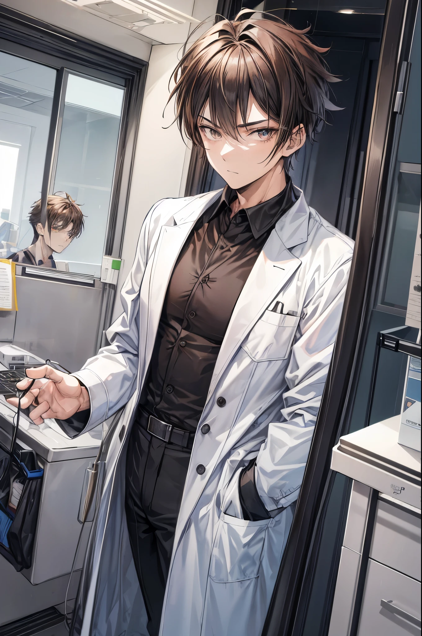 (flat color:1.1),(masterpiece:1.2), best quality, masterpiece, original,medium length boyish manly spiky brown hair, (mature handsome man looking at the camera at a hospital:1.2), wearing a scientist uniform