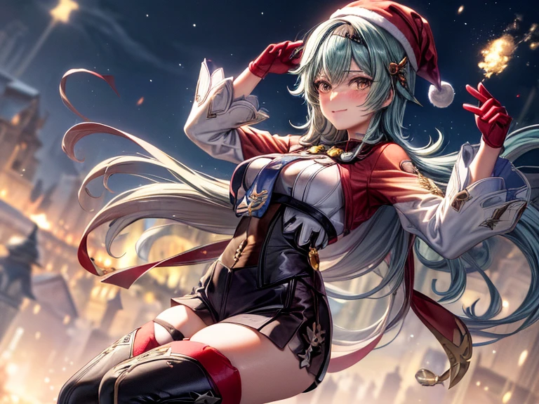 ((masutepiece, Best Quality, hight resolution, Perfect Pixel, 4K)), multiple girls, 2girls, full body seen, ((Beautiful eyelashes, Realistic eyes)), ((Detailed face, Blushing:1.2)), ((Smooth texture:0.75, Realistic texture:0.65, Photorealistic:1.1, Anime CG style)), Dynamic Angle, Perfect body, ((Santa Claus Costume, Red knitted hat, red and white off shoulder sweater, red and white flared skirt, Black garter stockings, Shy smile)) BREAK euladef, short hair, BREAK amber5star,
