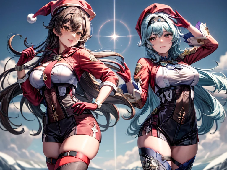 ((masutepiece, Best Quality, hight resolution, Perfect Pixel, 4K)), multiple girls, 2girls, full body seen, ((Beautiful eyelashes, Realistic eyes)), ((Detailed face, Blushing:1.2)), ((Smooth texture:0.75, Realistic texture:0.65, Photorealistic:1.1, Anime CG style)), Dynamic Angle, Perfect body, ((Santa Claus Costume, Red knitted hat, red and white off shoulder sweater, red and white flared skirt, Black garter stockings, Shy smile)) BREAK euladef, short hair, BREAK amber5star,