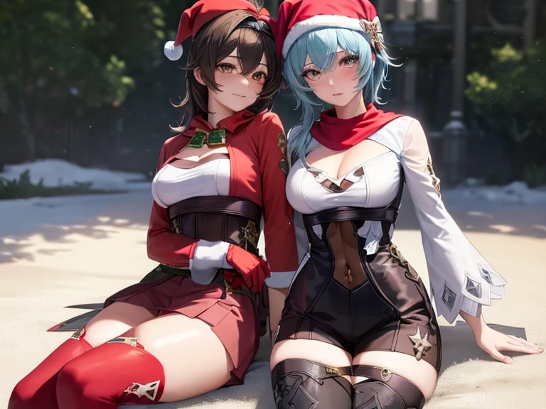 ((masutepiece, Best Quality, hight resolution, Perfect Pixel, 4K)), multiple girls, 2girls, full body seen, ((Beautiful eyelashes, Realistic eyes)), ((Detailed face, Blushing:1.2)), ((Smooth texture:0.75, Realistic texture:0.65, Photorealistic:1.1, Anime CG style)), Dynamic Angle, Perfect body, ((Santa Claus Costume, Red knitted hat, red and white off shoulder sweater, red and white flared skirt, Black garter stockings, Shy smile)) BREAK euladef, short hair, BREAK amber5star,