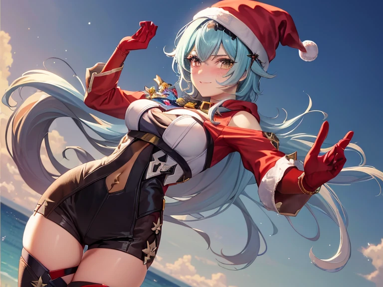 ((masutepiece, Best Quality, hight resolution, Perfect Pixel, 4K)), multiple girls, 2girls, full body seen, ((Beautiful eyelashes, Realistic eyes)), ((Detailed face, Blushing:1.2)), ((Smooth texture:0.75, Realistic texture:0.65, Photorealistic:1.1, Anime CG style)), Dynamic Angle, Perfect body, ((Santa Claus Costume, Red knitted hat, red and white off shoulder sweater, red and white flared skirt, Black garter stockings, Shy smile)) BREAK euladef, short hair, BREAK amber5star,