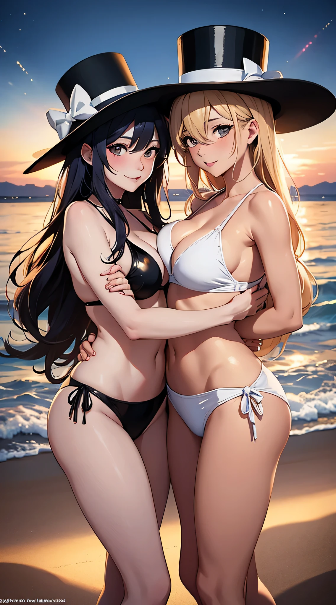 2 woman at the beach, wearing a top hat, drinks in hand, they are in two piece bikini swimming gear, at night fireworks, happy looking tempting skinship vibes, holding each other, in the style of anime, simplified and stylized portraits, soft lighting, shiny/glossy