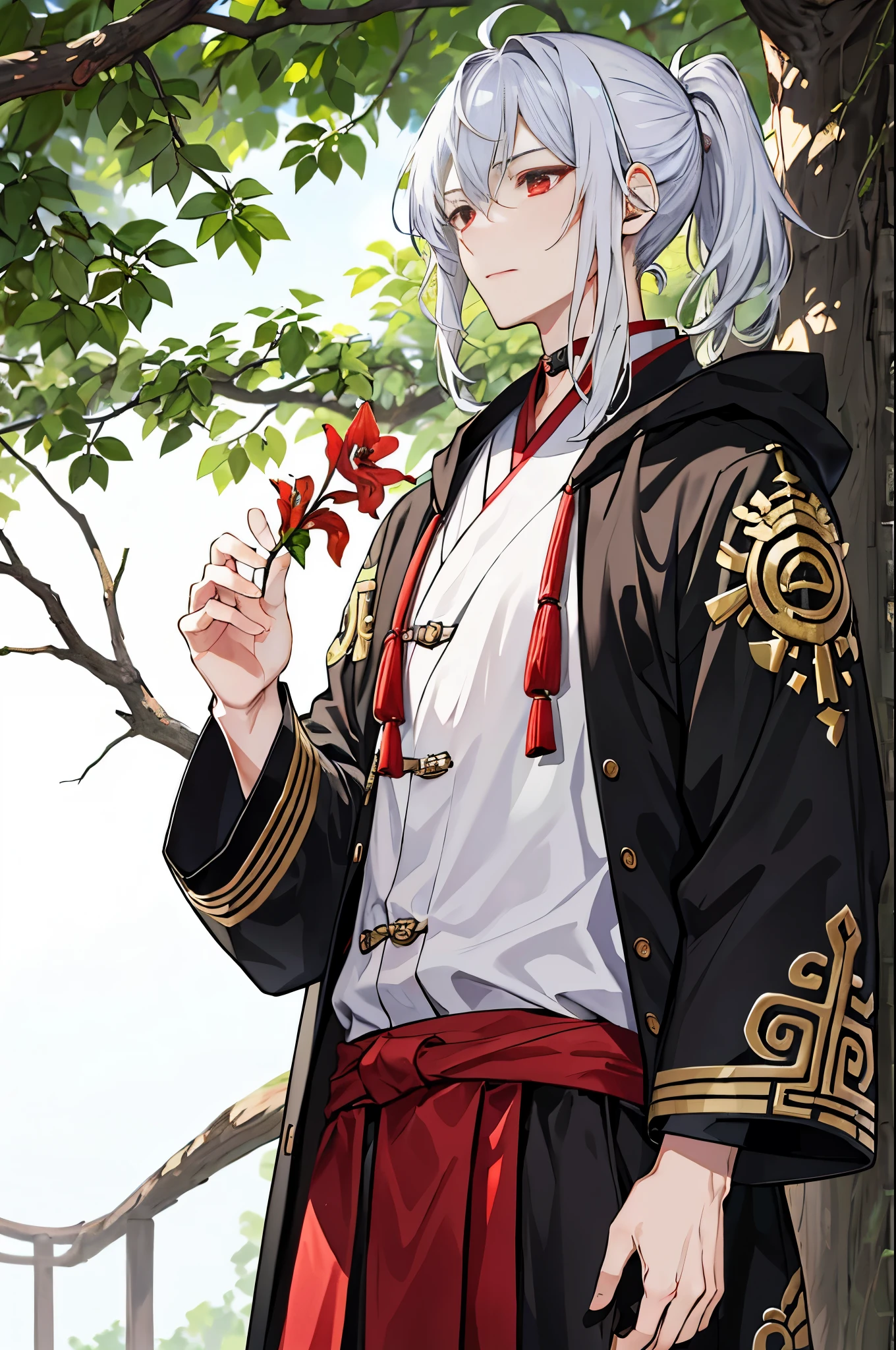 tmasterpiece，need，of a guy，Chinese style，Chinese Ancient Times，White hair，The one with red eyes，split ends，Long gray hair，With long bangs，high ponytails，Handsome，Masculine，gentleness，Otaka，A piece of tranquility，black toga，allure，tree branch，amaryllis， Young person，Stable expression，solo person