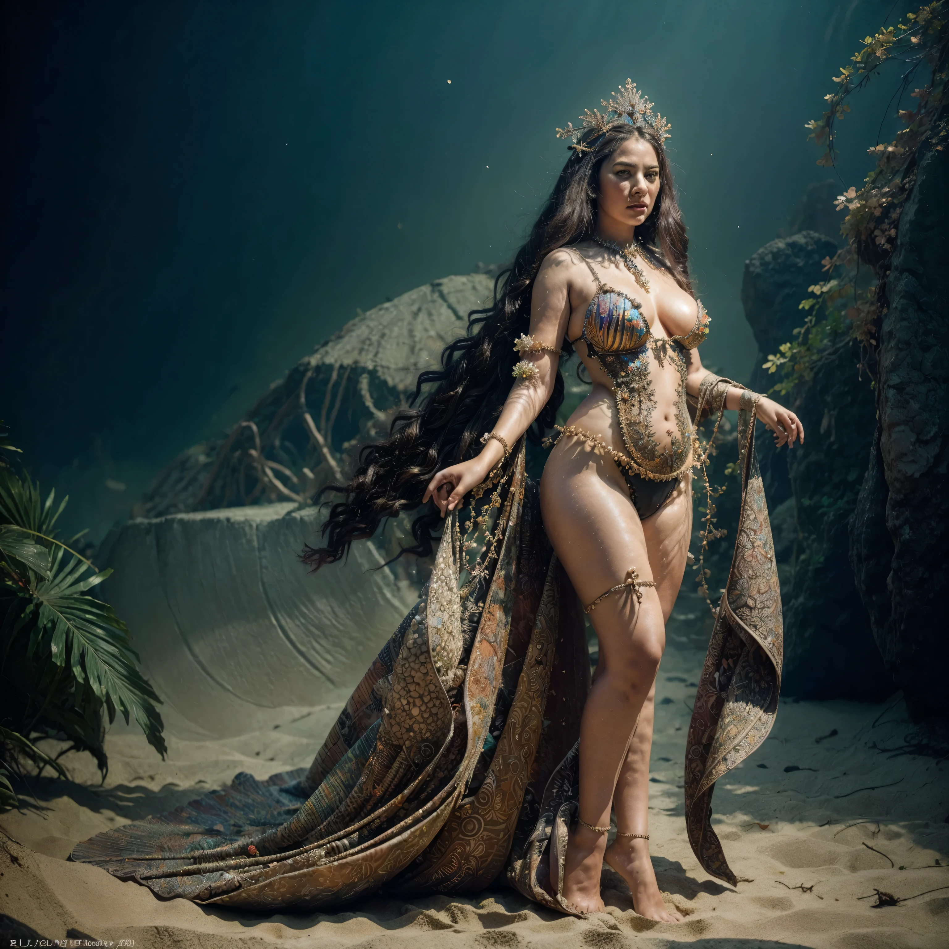 (masterpiece, top quality, best quality, official art, beautiful and aesthetic:1.8), (1girl:1.3), extremely detailed, (colorful:1.5), (20 years old), blonde hair, Anna semenovich, ((A sexy fat voluptuous mature obese)), ((very full body, very full figure, very curvy, chubby, navel, very thicc, very thick, fat thighs)), ((stomach obese)), highest detailed,(zentangle:1.4), full body, (shiny skin), (super detailed anatomi), (super detailed face), (scary joker beauty makeover), (((most unique costume))),((shell crown)), A breathtaking mermaid with iridescent scales and long, flowing hair swims gracefully through a coral reef filled with colorful fish. Sunlight filters through the water, creating a magical atmosphere. (dark lighting), she is standing in the sand,
