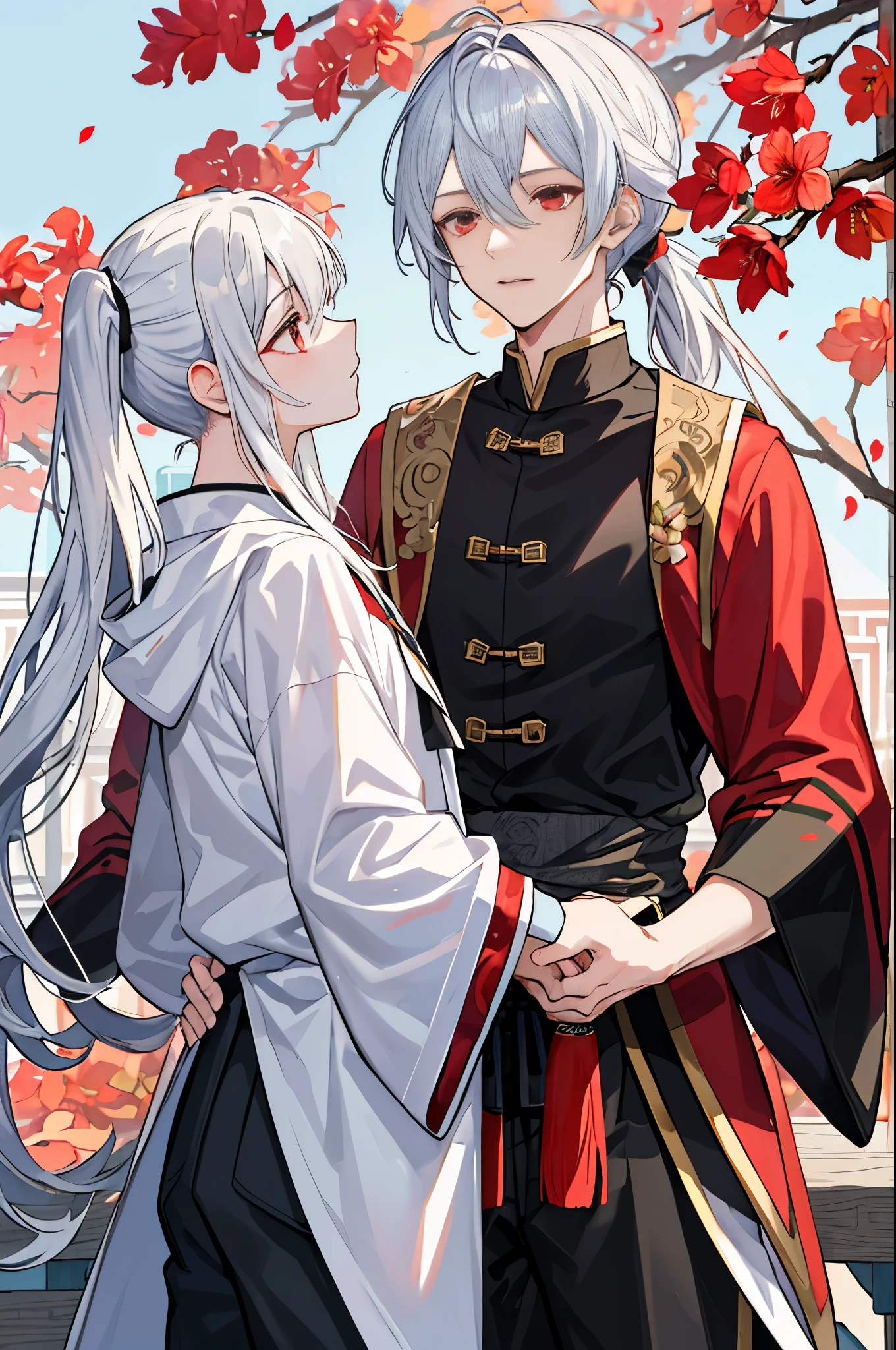 tmasterpiece,need,of a guy,Chinese style,Chinese Ancient Times,White hair,red-eyed,split ends,Long gray hair,With long bangs,high ponytails,Handsome,Masculine,gentleness,Otaka,A piece of tranquility,black toga,allure,tree branch,amaryllis, Young person,Stable expression,
