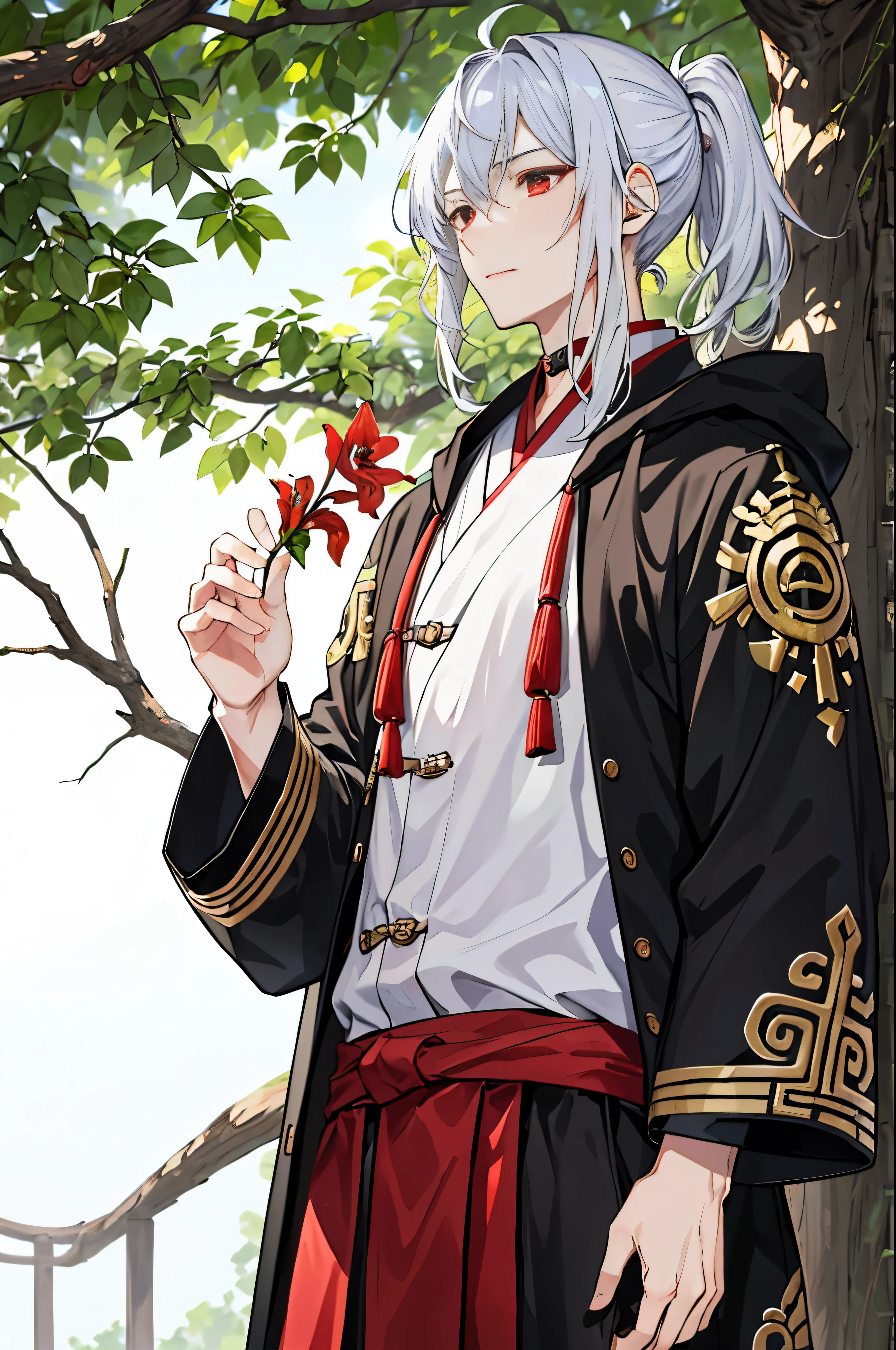 tmasterpiece，need，of a man，Chinese，Chinese Ancient Times，White hair，The one with red eyes，The hair ends are forked，Long gray hair，With long bangs，high ponytails，Handsome，male people，gentlenesig eagle，A piece of tranquility，black toga，luring，tree branch，amaryllis， Young person，Stable expression，the only person