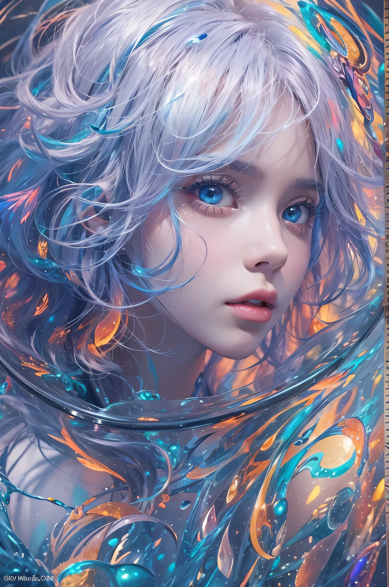 (masterpiece, top quality, best quality, official art, beautiful and aesthetic:1.2), (1 naked girl:1.2), cute, extreme detailed,(abstract:1.4, fractal art:1.3),(silver_hair:1.1), blue eyes,colorful, neon colors,highest detailed, Beautiful girl trapped inside a big soap bubble